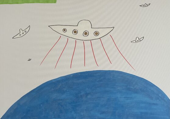 "Weltuntergang mit Hoffnung", 50 x 70 cm, Oil, Acrylic, and Marker on Canvas, 2022